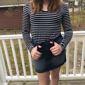 Distressed denim mini skirt